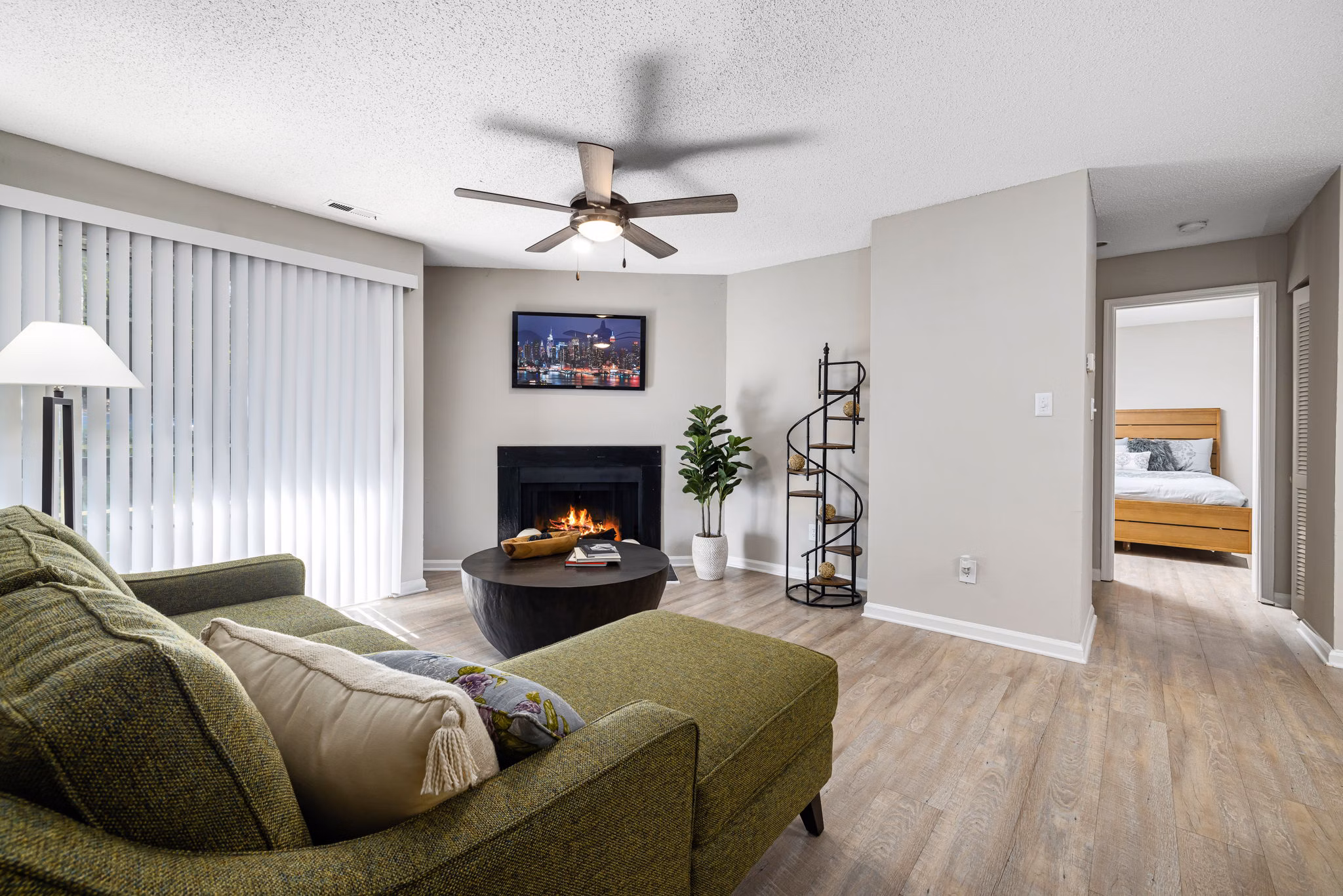 Spacious living room with modern decor in View at Lake Lynn Apartments
