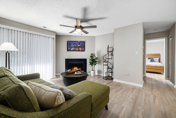 Spacious living room with modern decor in View at Lake Lynn Apartments