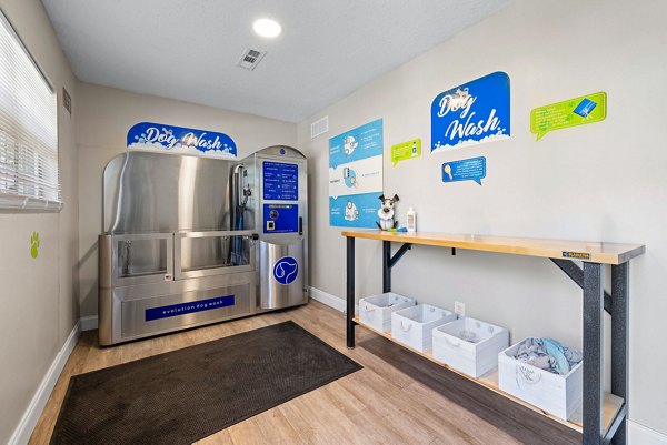 Modern dog wash station at View at Lake Lynn Apartments for pet-friendly luxury living amenities