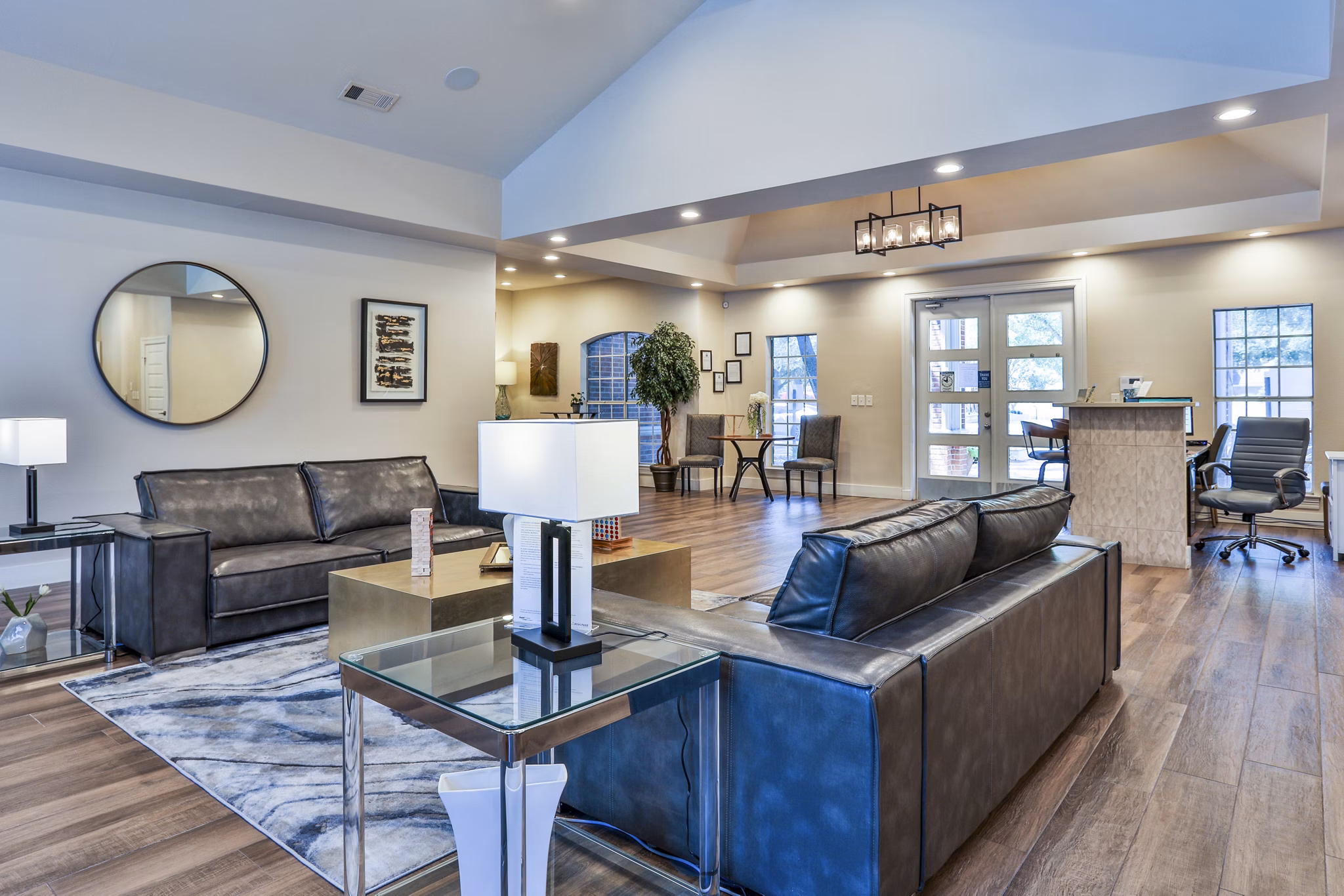 Clubhouse lobby featuring modern seating and elegant design at The Quarry Alamo Heights Apartments