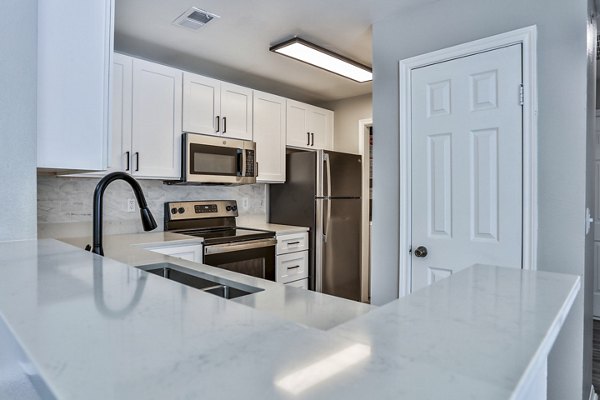 Modern kitchen with sleek countertops and stainless steel appliances at The Quarry Alamo Heights Apartments, San Antonio