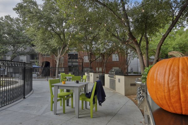 Outdoor grill area at The Quarry Alamo Heights Apartments featuring modern BBQ stations and seating