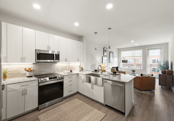 Modern kitchen with stainless steel appliances in Alexan Montview Plaza Apartments