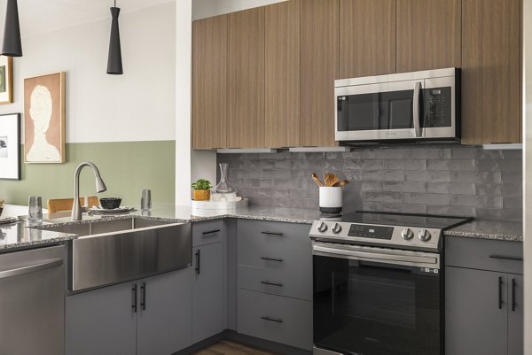 Modern kitchen with stainless steel appliances and marble countertops in Alexan Montview Plaza Apartments