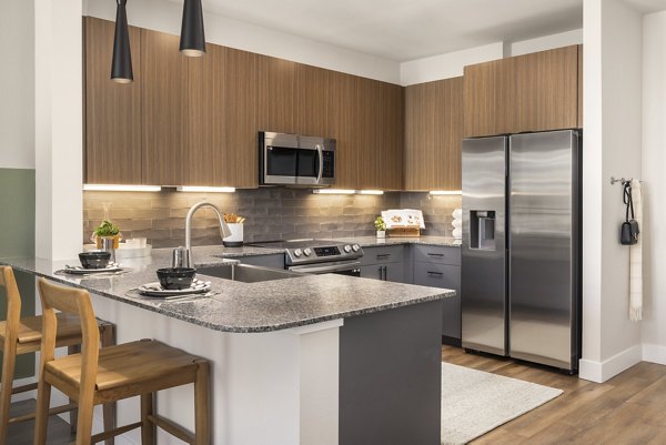 Modern kitchen with stainless steel appliances in Alexan Montview Plaza Apartments