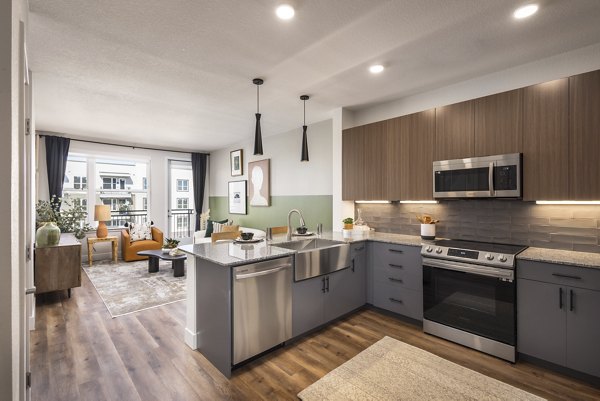 Modern kitchen featuring sleek cabinetry and stainless steel appliances at Alexan Montview Plaza Apartments