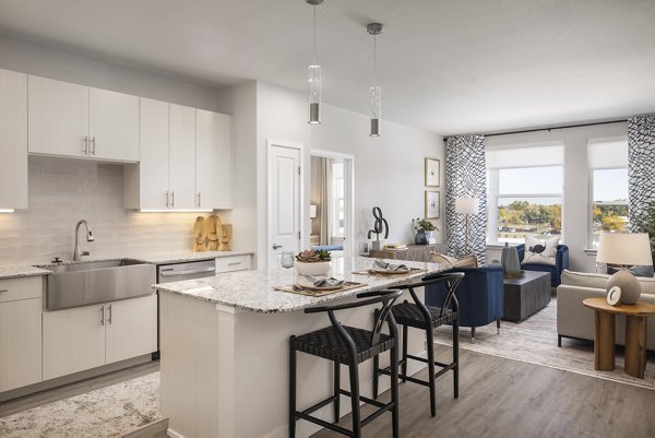 Modern kitchen with stainless steel appliances in Alexan Montview Plaza Apartments