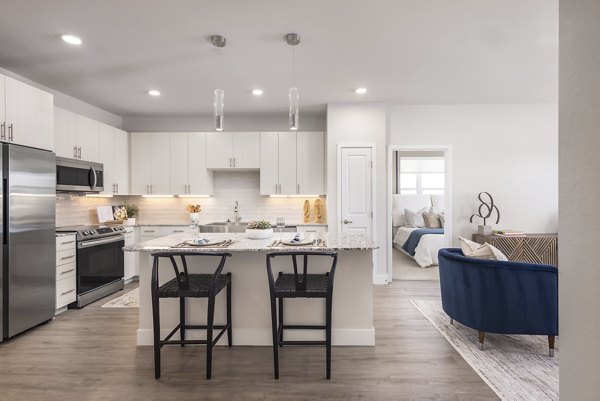 Modern kitchen with stainless steel appliances at Alexan Montview Plaza Apartments