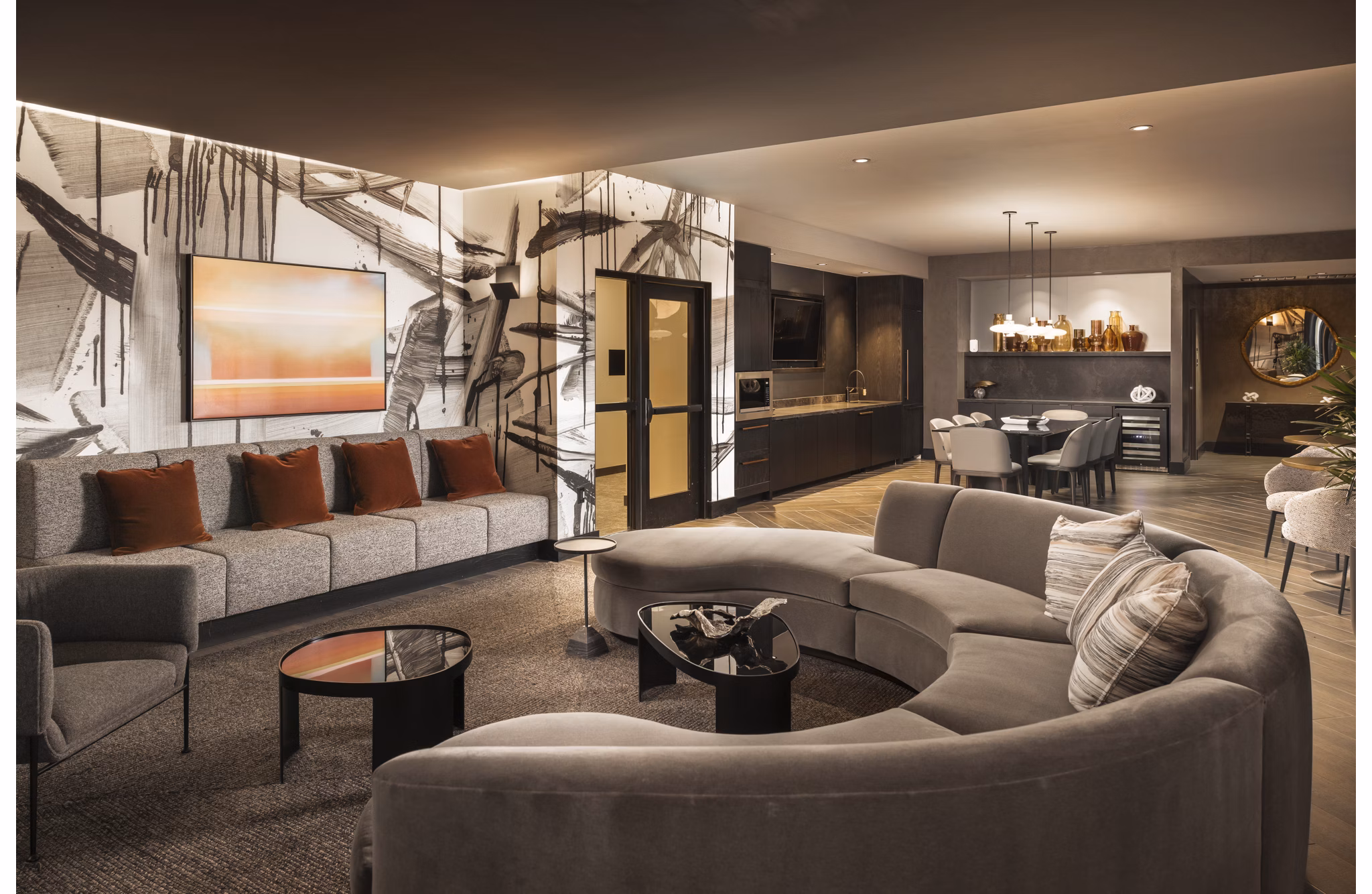 Clubhouse with modern seating and cozy fireplace at Forge Apartments, luxury living space for relaxation and socializing