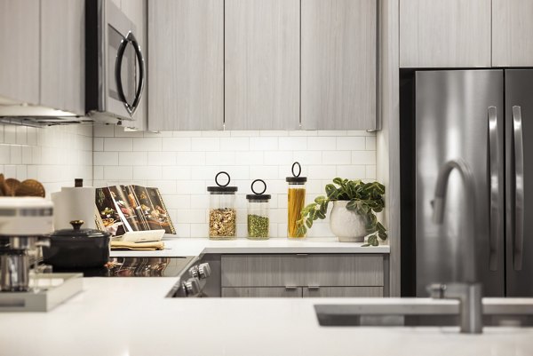 Modern kitchen with stainless steel appliances at Forge Apartments, a luxurious Greystar community
