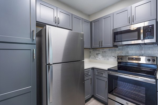 Sleek kitchen with stainless steel appliances and granite countertops in Ashton Brook Apartments