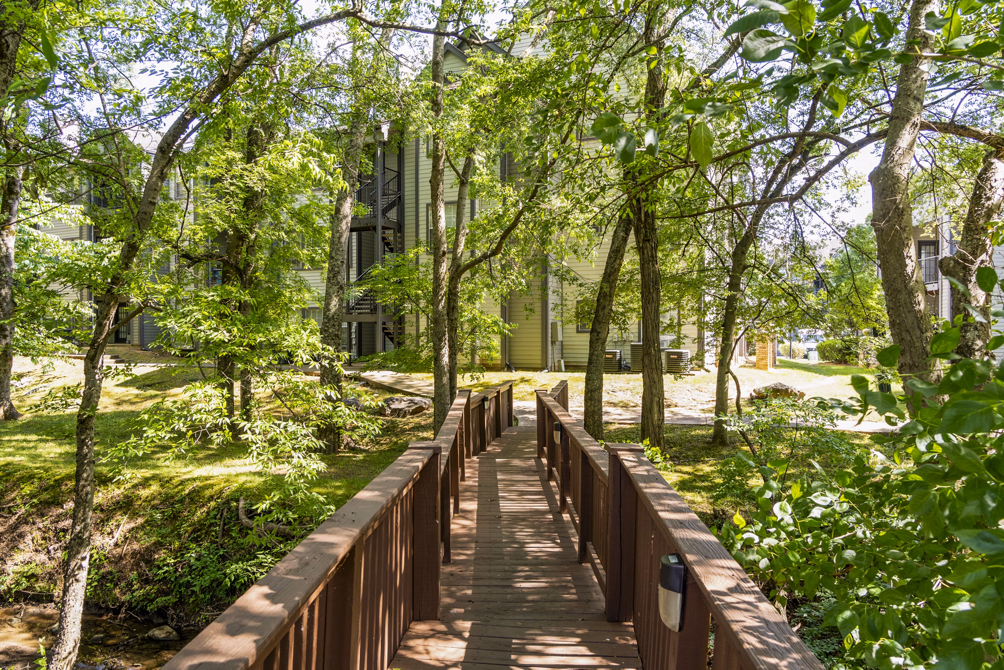 Scenic walking trail at Ashton Brook Apartments surrounded by lush greenery, providing a serene outdoor experience for residents