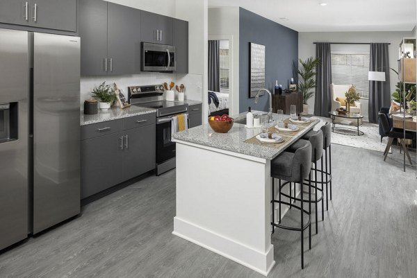 Modern kitchen featuring sleek cabinetry and stainless steel appliances at Prose Cartersville Apartments, luxury living by Greystar