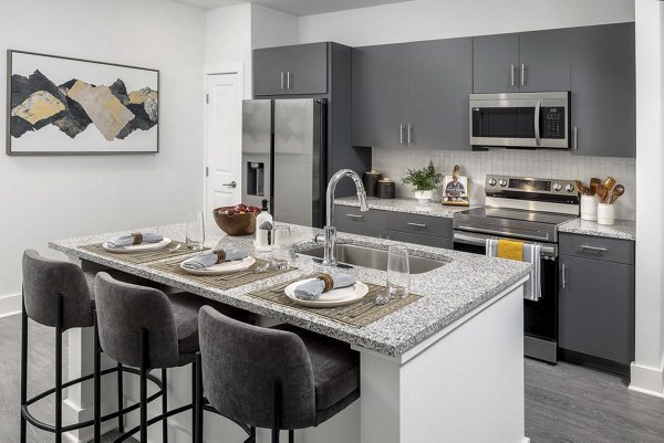 Modern kitchen featuring granite countertops and stainless steel appliances in Prose Cartersville Apartmentsâ€