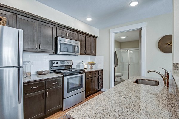 Modern kitchen with stainless steel appliances at Seasons at Farmington Reserve Apartments