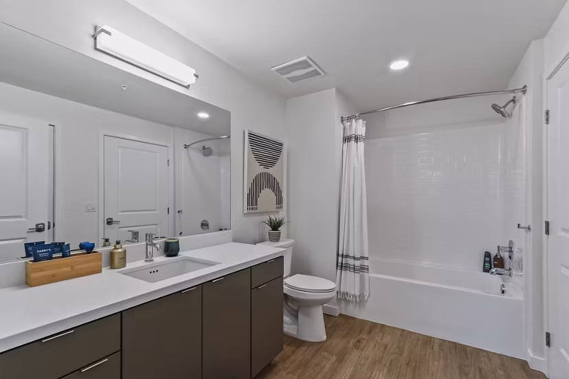 Contemporary bathroom with sleek fixtures and modern design at Jefferson La Mesa Apartments