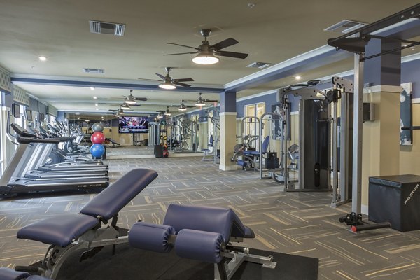 State-of-the-art gym featuring treadmills, weight machines, and benches in luxury apartments