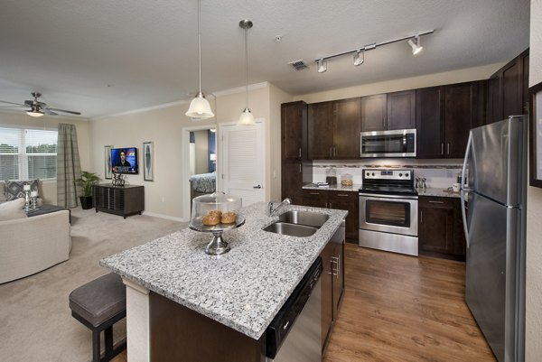 Modern kitchen with stainless steel appliances in Integra Lakes Apartments offering luxury living