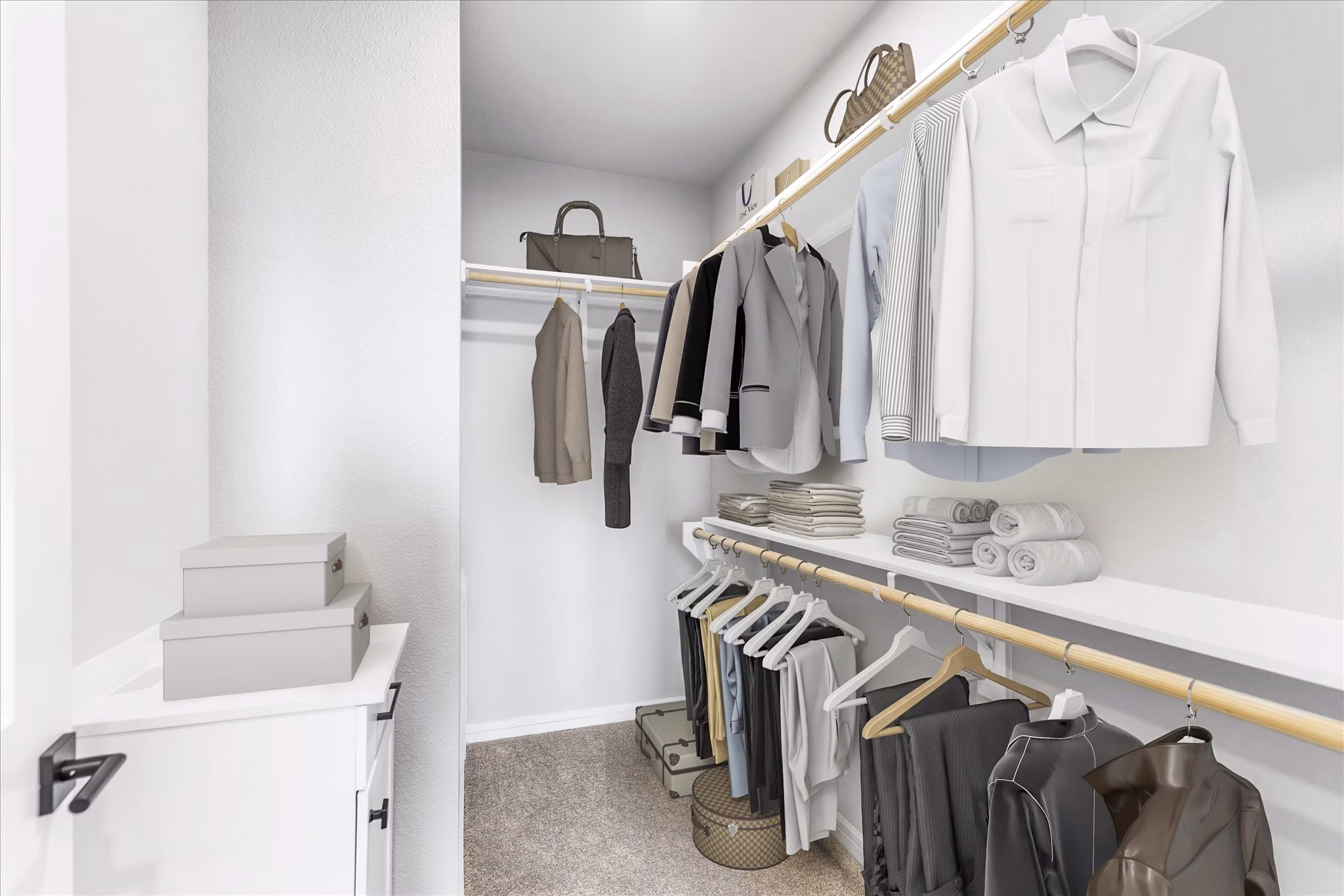 Spacious bedroom closet with ample storage at The Ludlow Apartments luxury living in downtown Greystar property