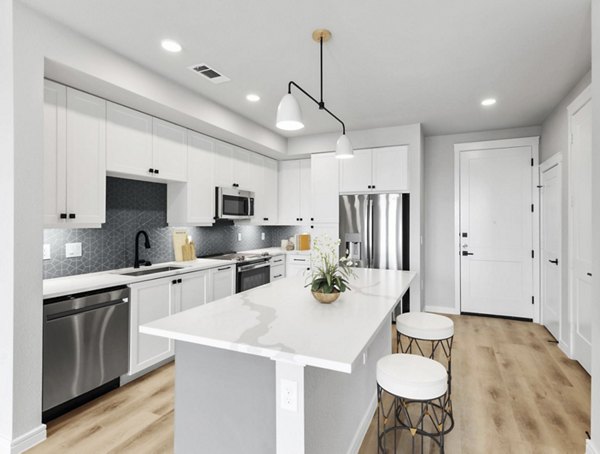 Modern kitchen with stainless steel appliances in The Ludlow Apartments luxury units