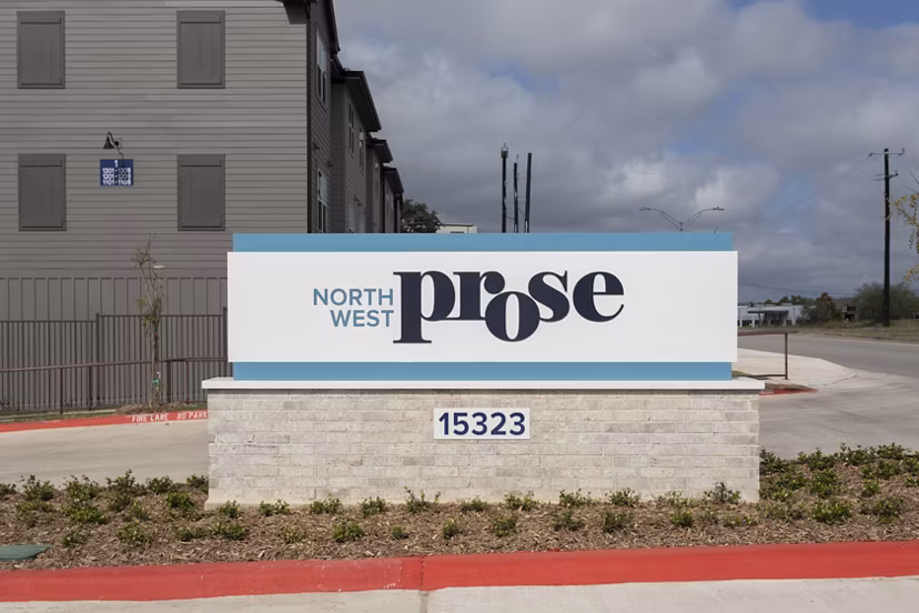 Prose North West Apartments signage: Stylish modern design marking luxury apartment entrance