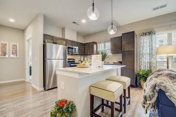 Modern kitchen with granite countertops and stainless steel appliances in Outlook Hamilton Apartments