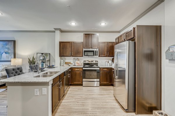 Modern kitchen with stainless steel appliances in Alders Magnolia Apartments