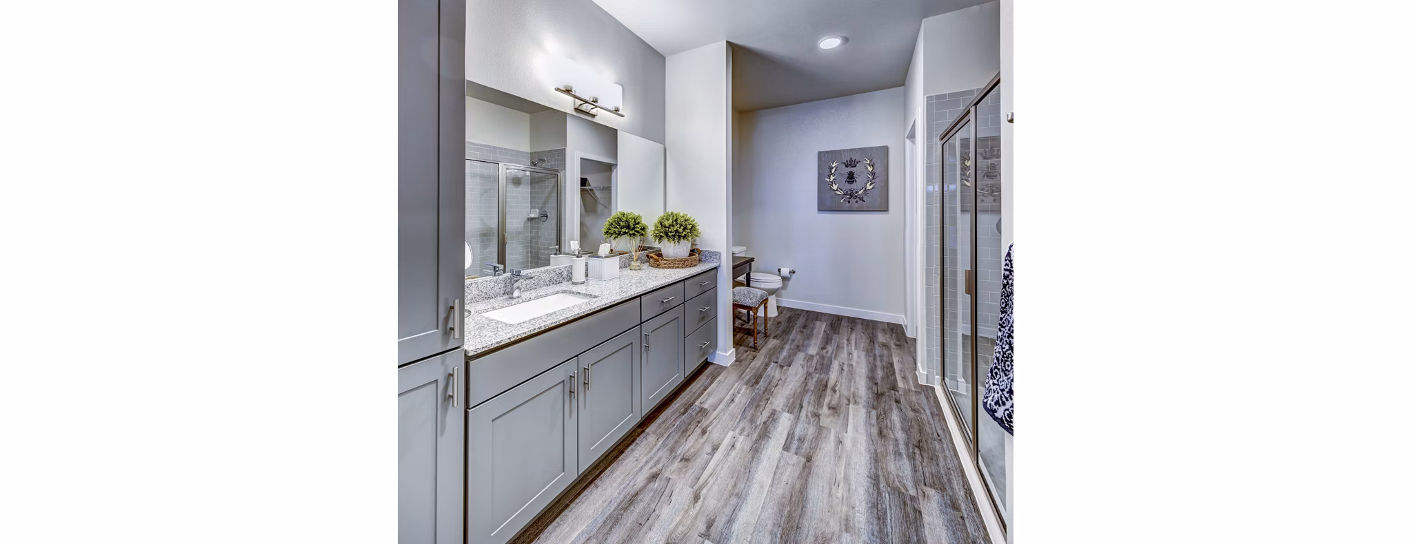 Luxurious bathroom with marble countertops and modern fixtures at NorthStar Georgetown Apartments