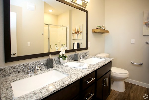 Luxury bathroom featuring sleek fixtures at The Orchards at Arlington Highlands Apartments