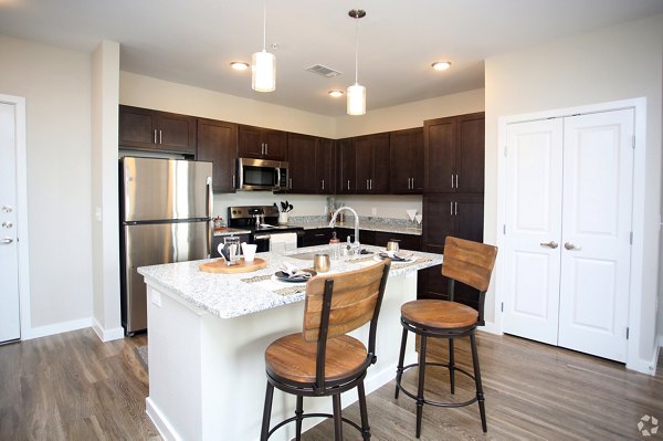 Modern kitchen with stainless steel appliances at The Orchards at Arlington Highlands Apartments