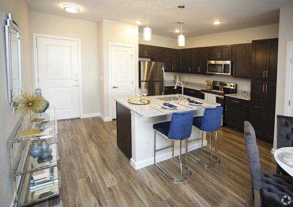 Modern kitchen with stainless steel appliances at The Orchards at Arlington Highlands Apartments