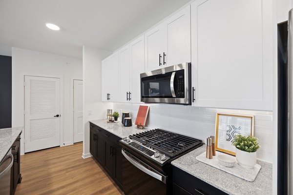 Modern kitchen with stainless steel appliances at Silos Harvest Green Apartments, offering luxury living in a vibrant community