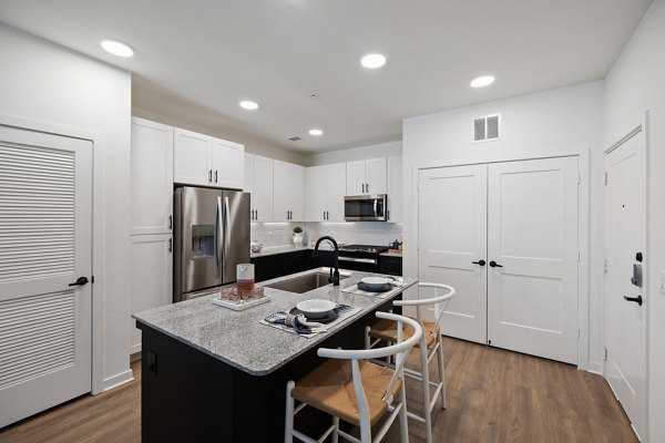 Modern kitchen with sleek countertops and stainless steel appliances at Silos Harvest Green Apartments