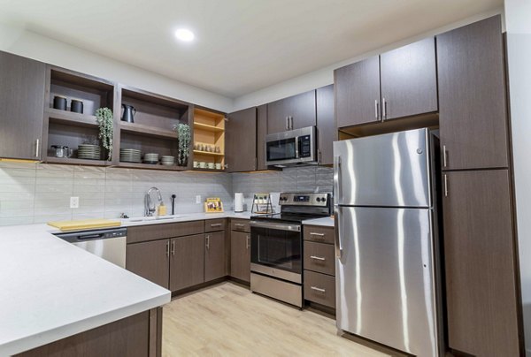 Modern open-plan kitchen with sleek stainless steel appliances at The Lydell Apartments