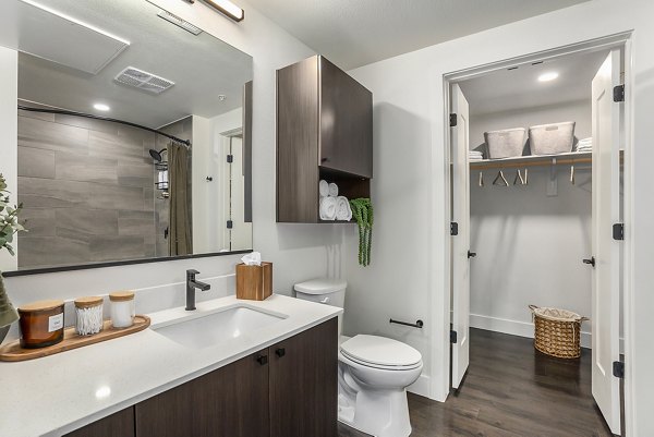 Bathroom with elegant fixtures and natural lighting at One Seven at Belleview Station Apartments
