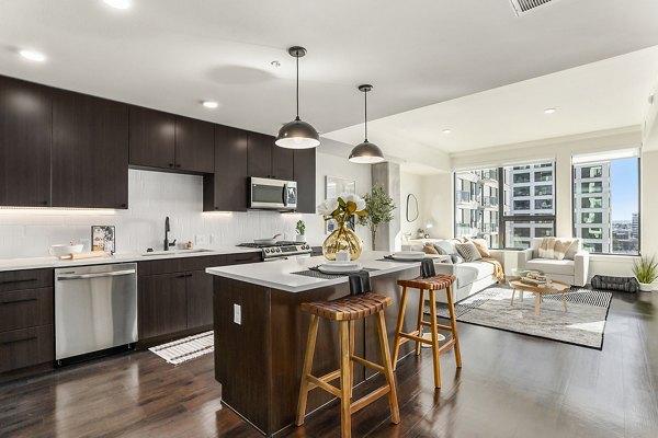 Modern kitchen with stainless steel appliances at One Seven Belleview Station Apartments