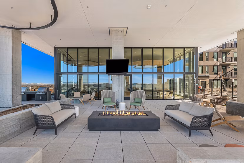 Cozy fire pit area at One Seven Belleview Station Apartments