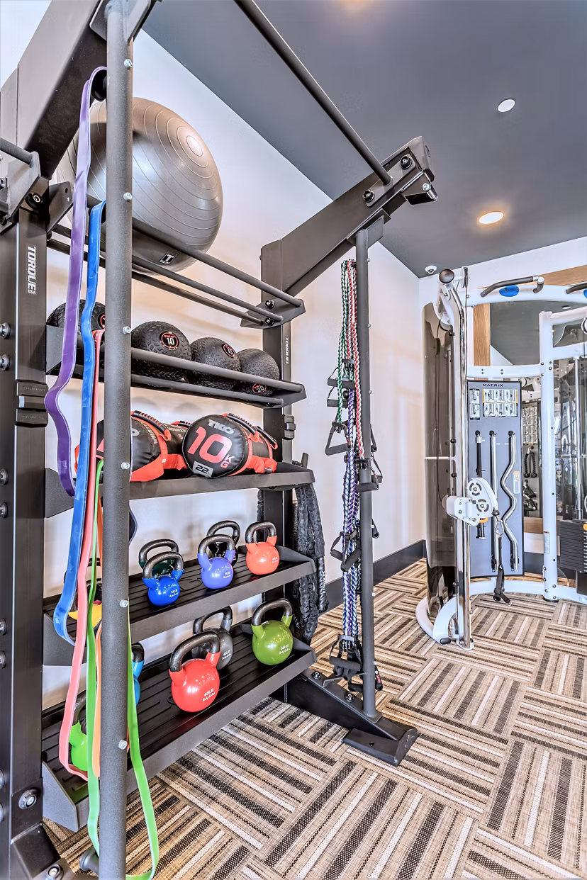 Modern fitness center with state-of-the-art equipment at Birchway Rivergate Apartments