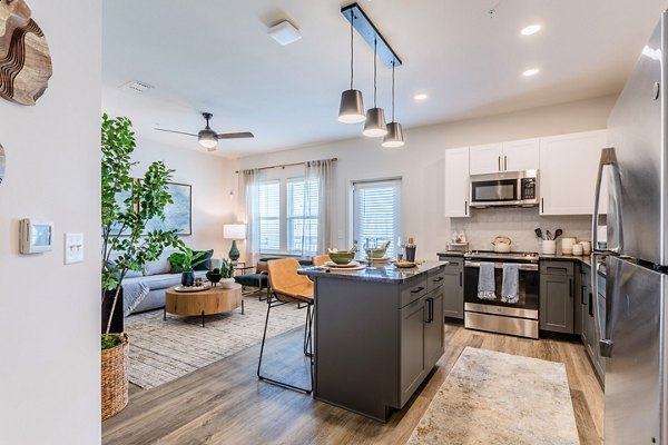 Modern kitchen with stainless steel appliances and granite countertops in Birchway Rivergate Apartments