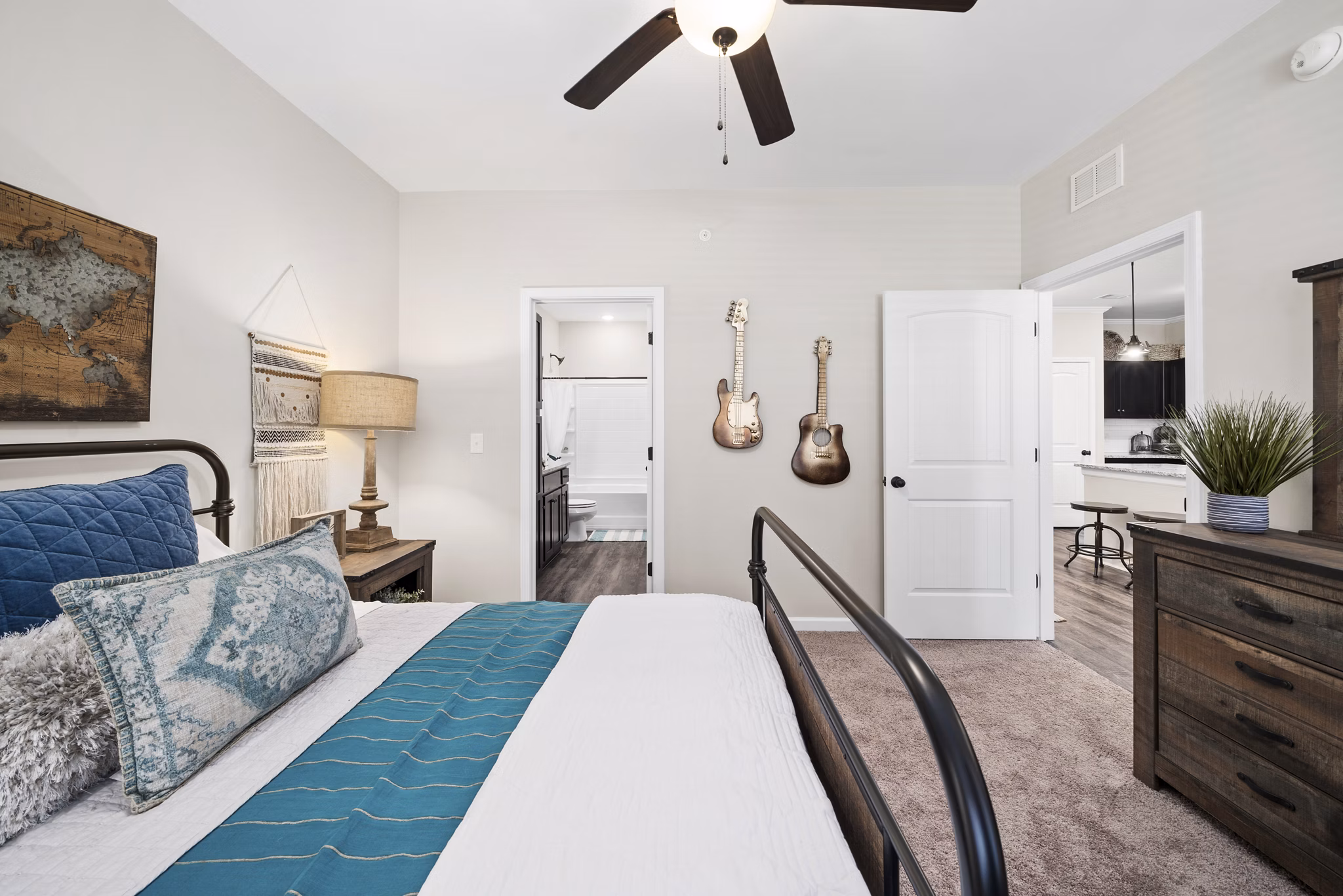 Bedroom with contemporary design and large windows at Easton Place Apartments, luxury apartments by Greystar