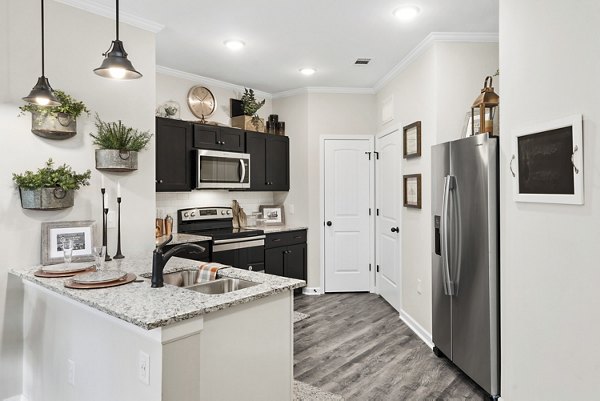 Elegant kitchen with granite countertops and stainless steel appliances in Easton Place Apartments luxury complex
