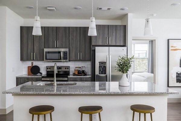 Modern kitchen with stainless steel appliances in Avelyn San Marcos Apartments