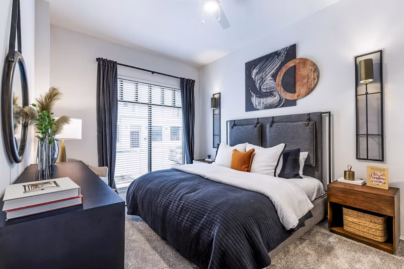 Cozy bedroom with modern decor at Gramercy at Northline Apartments
