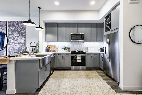 Modern kitchen with stainless steel appliances at Gramercy at Northline Apartments