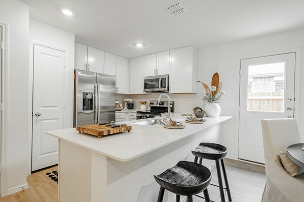 Modern kitchen with stainless steel appliances in Summerwell Wildcat Ranch Home Apartments