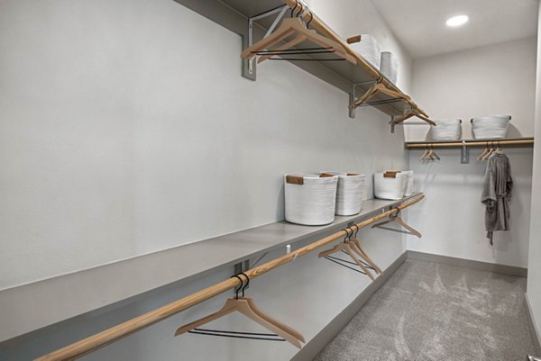 Walk-in closet with ample shelving space at Stadia Med Main Apartments for convenient storage solutions