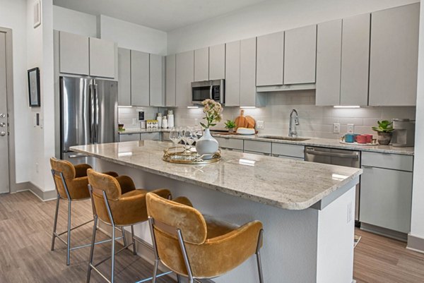 Modern kitchen with granite countertops and stainless steel appliances at Stadia Med Main Apartments