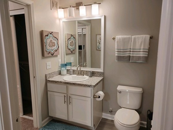 Modern bathroom with sleek fixtures at Nav850 Apartments, a luxury Greystar community