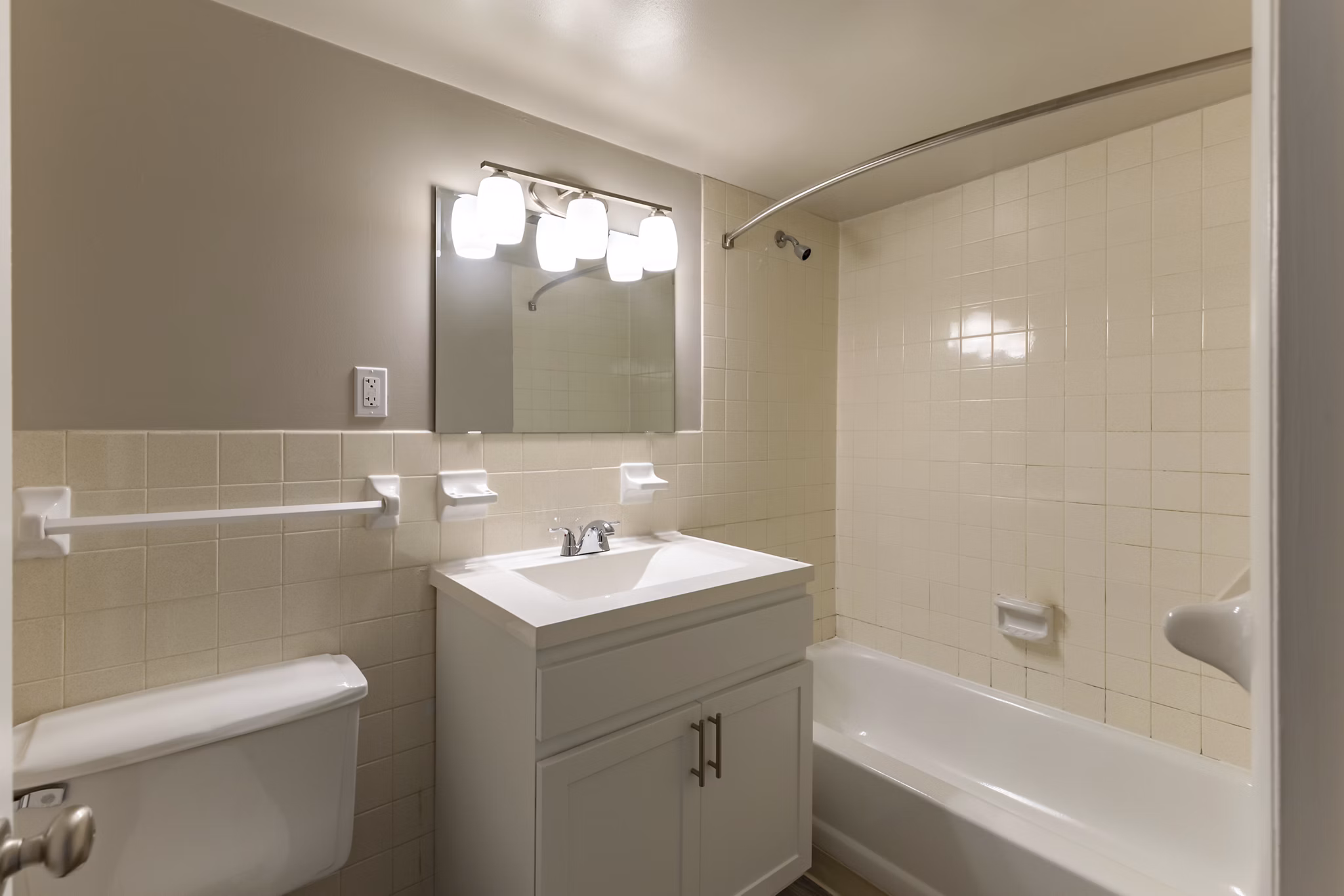 Luxury bathroom with modern fixtures at Nav850 Apartments