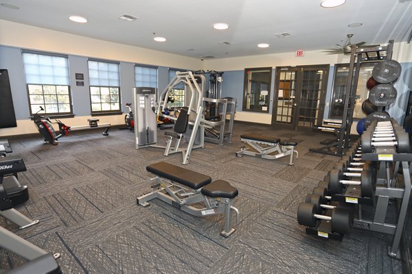 Fully equipped fitness center at Nav850 Apartments with modern cardio machines and free weights, designed for active lifestyles